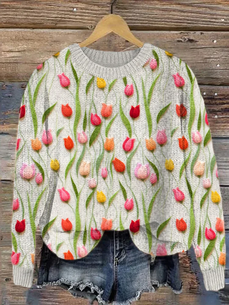 VChics Felt Tulip Flowers Pattern Cozy Knit Sweater