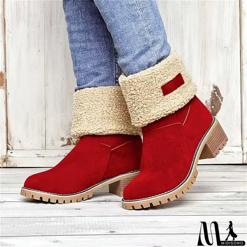 MidiSono - Warm Fur Lining Square Chunky Heel Suede Snow Boots for Women