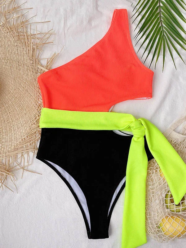 Contrast Color Split-Joint  One-Shoulder Hollow Bandage One-Piece Swimwear 