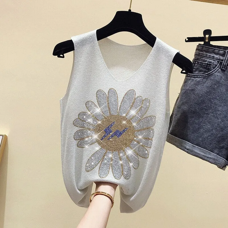 NEEDBO Diamond Tank Vests Women Tops V-neck Solid Fashion Female Sleeveless Casual Thin Top Pink Green Summer Knit Tee Shirt