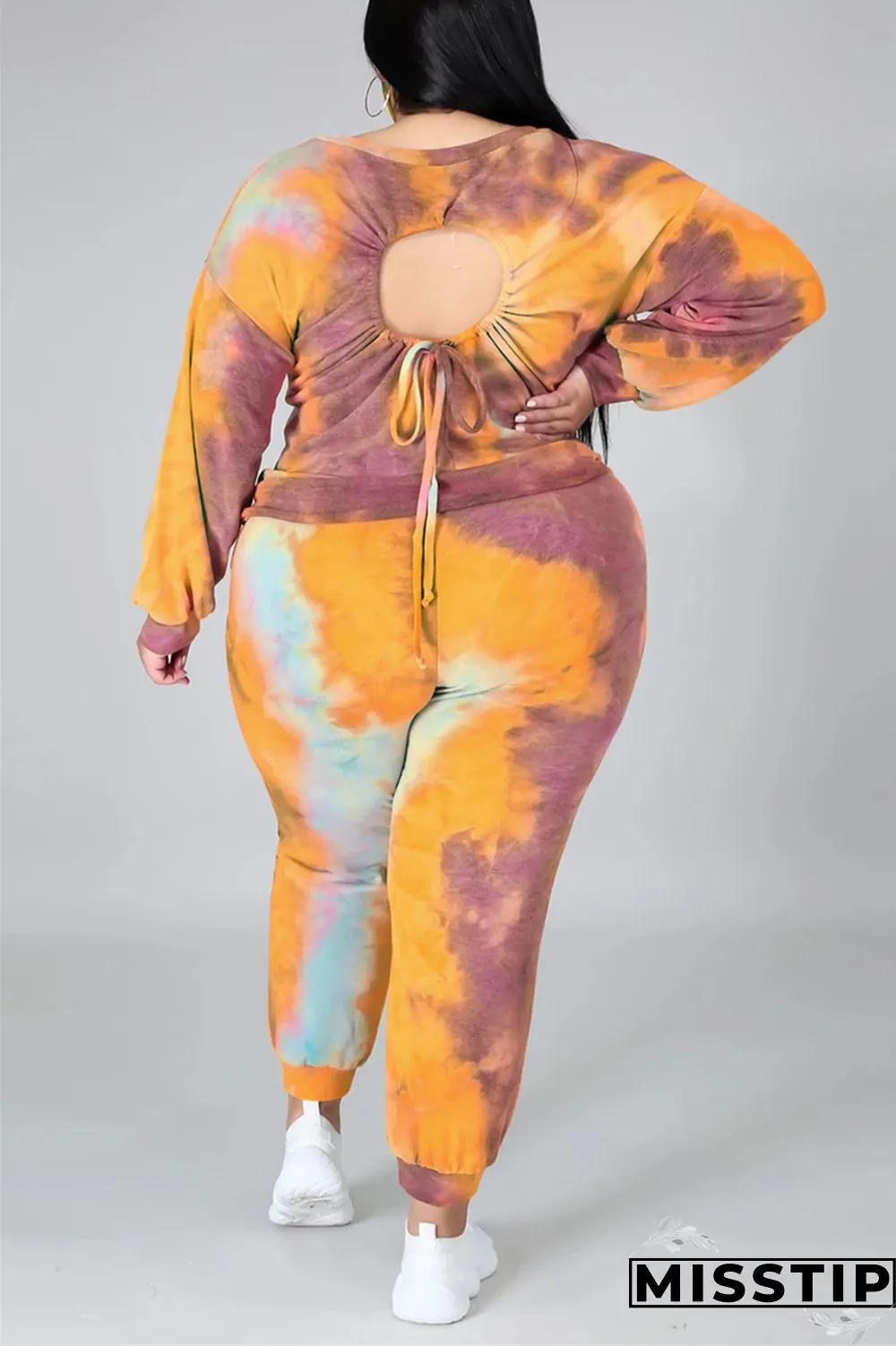 multicolor Fashion Casual Print Tie Dye Tie-dye Backless O Neck Plus Size Set