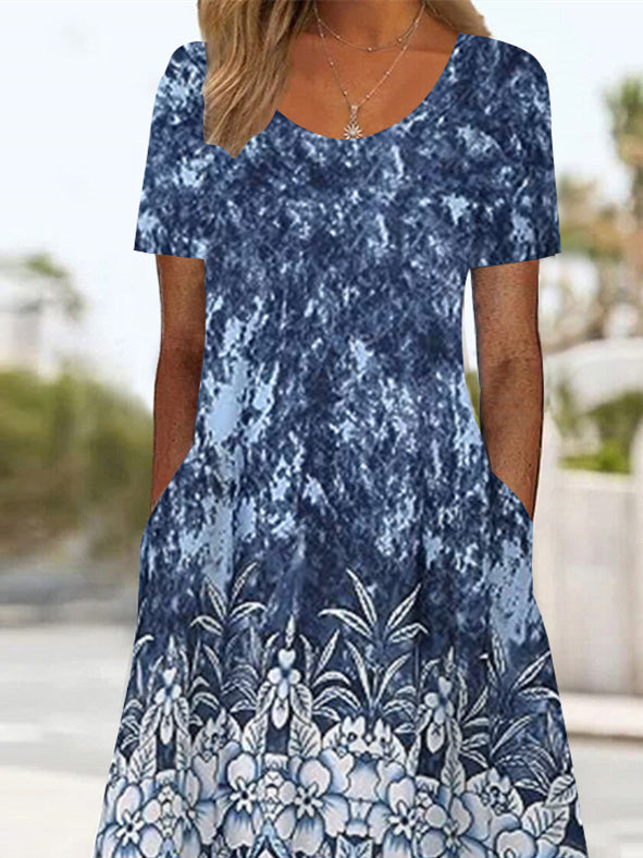 Women's Short Sleeve Scoop Neck Graphic Floral Printed Midi Dress