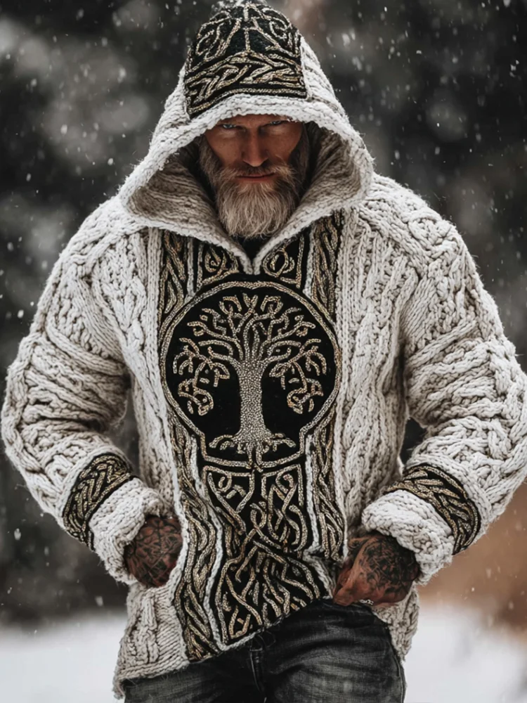 Men's Viking Style Tree Of Life White Thick Needle Hooded Sweater