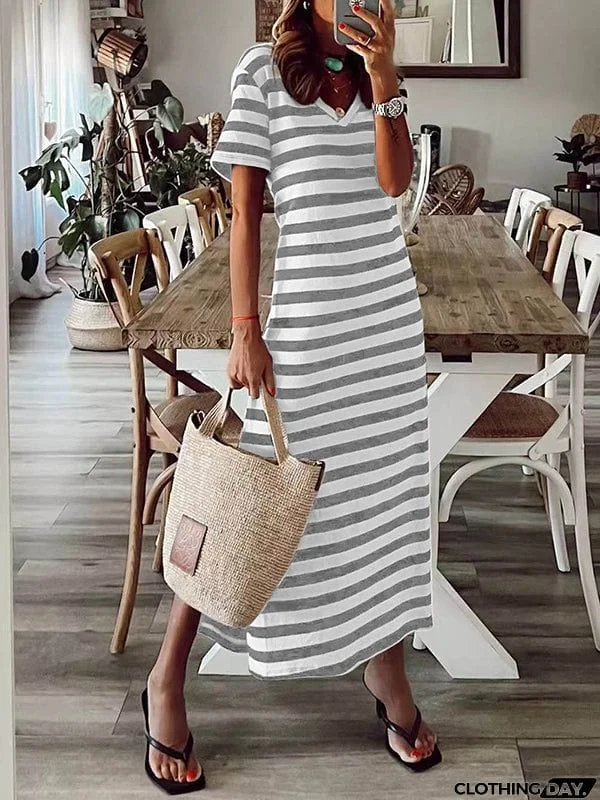 A-Line Loose Printed Split-Side Striped V-Neck Midi Dresses