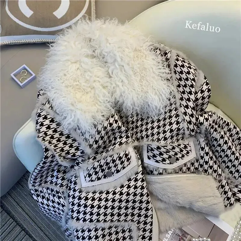Uveng 2023 Autumn Winter Faux Lamb Fur Sheepskin Coat Plaid Granular Sheep Shearing Jacket Female Casual Warm Outerwear