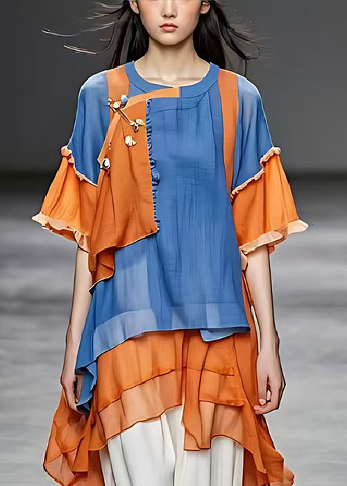 VCSHOES Colorblock Asymmetrical Patchwork Cotton Shirts Summer