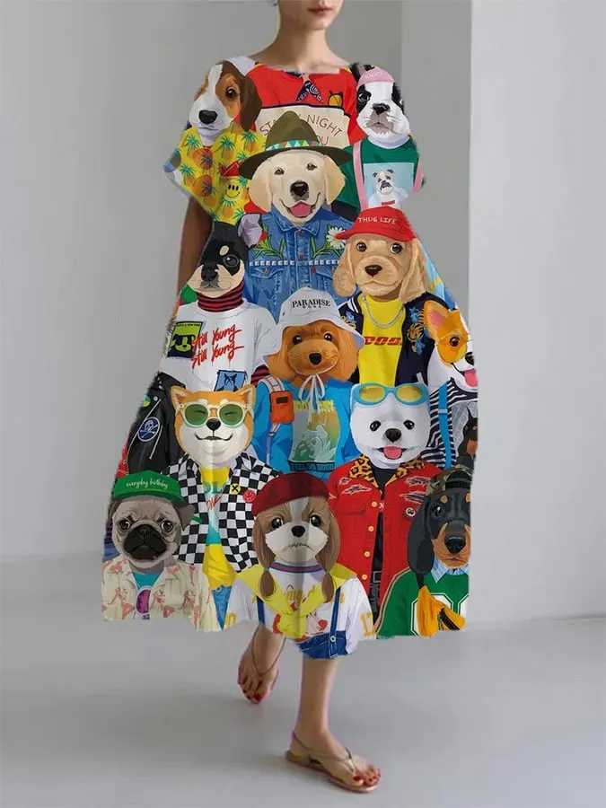 Women&lsquo;s Spring And Summer New Fashion Comfortable Loose Casual Dog Print Dress