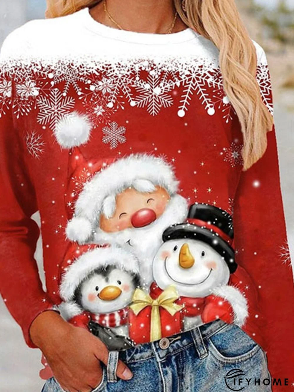 Christmas Red Printed Round Neck Loosen Top | IFYHOME