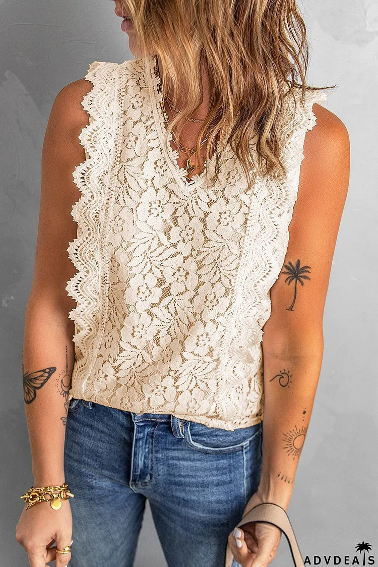 Summer Beige V Neck Lace Tank Top