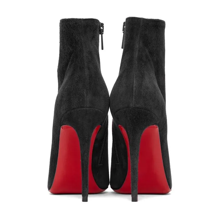 100mm Women's Closed Pointed Toe Stilettos Red Soles Ankle Boots Suede-vocosishoes