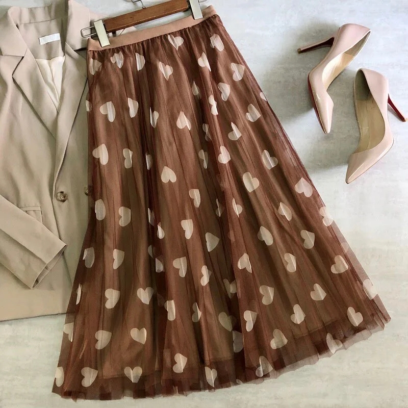 2022 Spring and Summer Mesh Long Women's Skirts High Waist Love Printed Elegant A-Line Pleated Skirt Fashion New