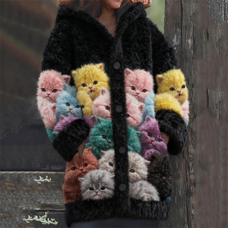 Lovely Colorfulk Cats Fuzzy Knit Hooded Cardigan elevenforest