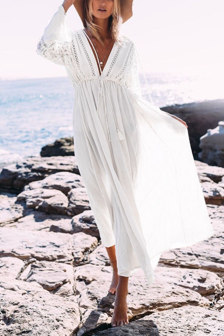 White Plunge Lace Drawstring Boho Beach Cover Up Maxi Dress-elleschic