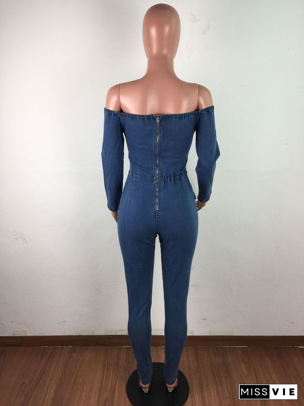 Women Off Shoulder Long Sleeve Hollow Out Lace Up Jumpsuit