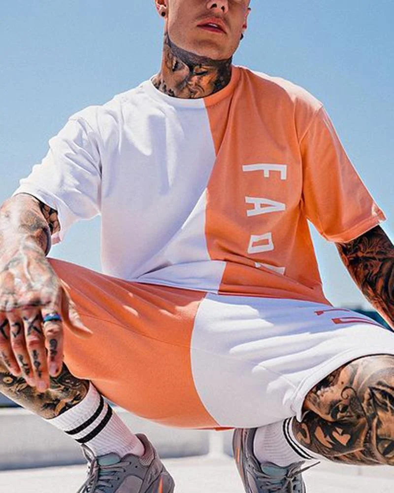 Men's Casual Color Matching Printed Short Sleeve Sports Suit