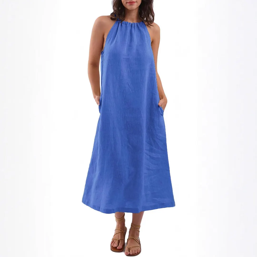 Women's Linen Blend Halter Neck Maxi Dress