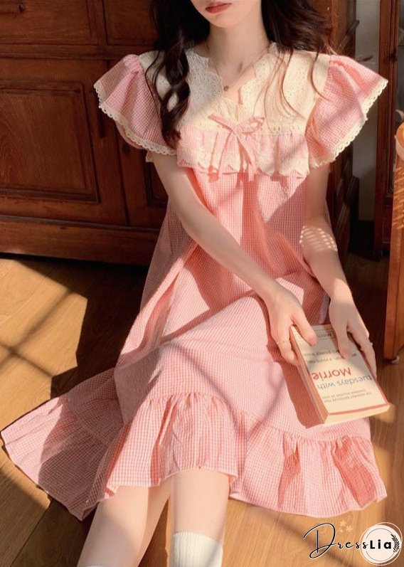 Italian Pink Lace Patchwork Ruffled Plaid Print Cotton Dress Summer