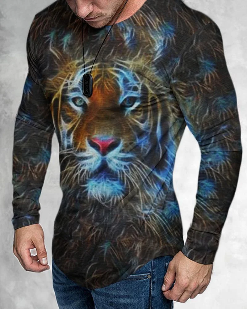 Men's Casual Long Sleeved Blue 3D Digital Tiger Printing T-shirt