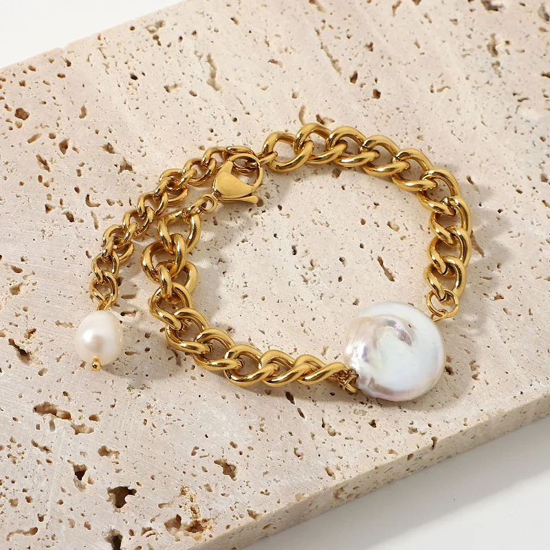 18K Gold Plated Baroque Freshwater Pearl Chain Bracelet