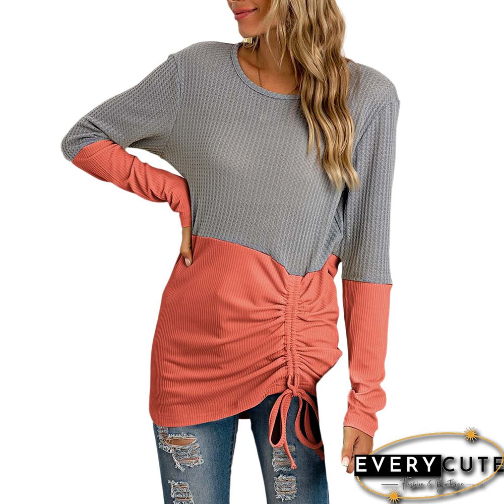 Orange Color Block Waffle Drawstring Long Sleeve Tops