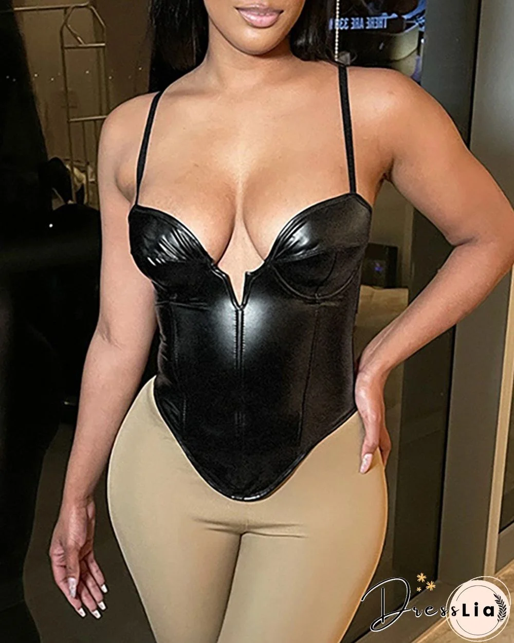 Plunge Spaghetti Strap PU Leather Bodysuit