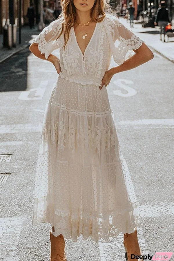 v neck short sleeve lace dress