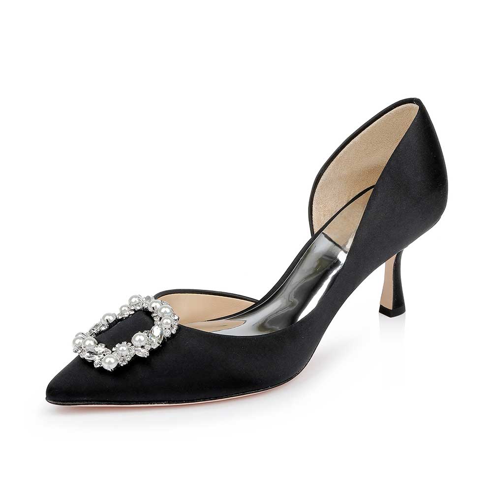 Satin Pointed Rhinestone Embellished Buckle Inlay Black Heel Pumps  Nicepairs