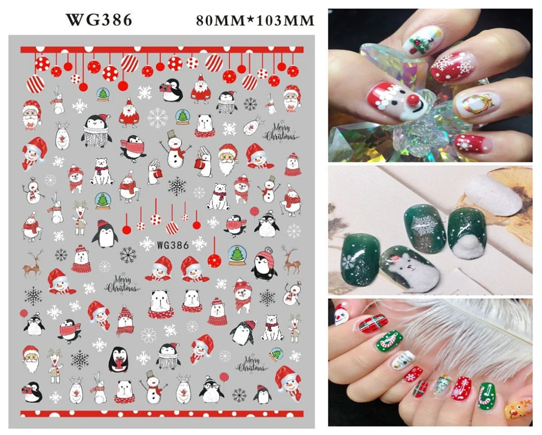 Merry Christmas 3D Nails Sticker Winter Cute Cartoon Sliders Snowflake Elk Xmas Tree Decal UV Gel Polisn Manicures Foils Decor-Nail Inspo