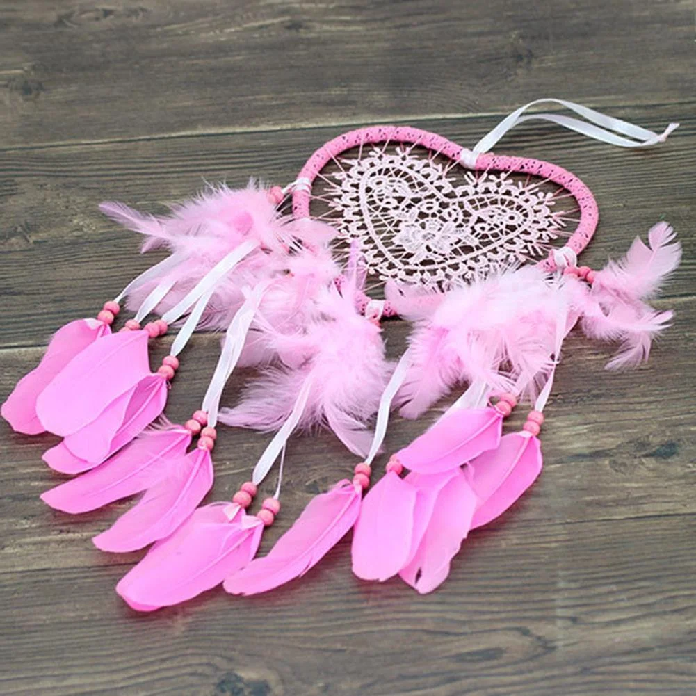 Heart Dream Catcher LED Light Feathers Wall Hanging Dreamcatcher (Pink)
