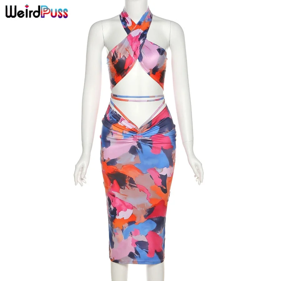 Weird Puss 2 Piece Set Women Summer Colorful Print Halter Top+Stacked High Waist Bandage Skirts Matching Skinny Stretchy Outfits