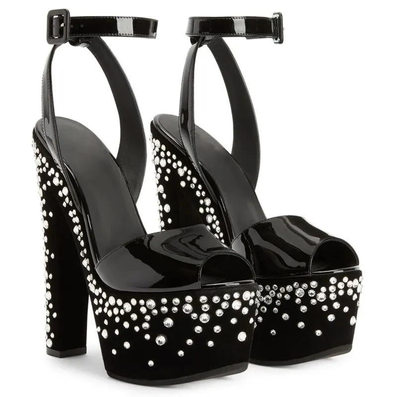 VCSHOES Gold Platform Crystal Stud Chunky Block Heel Sandals Women Strappy Black Peep Toe Sandalias Banquet Shoes