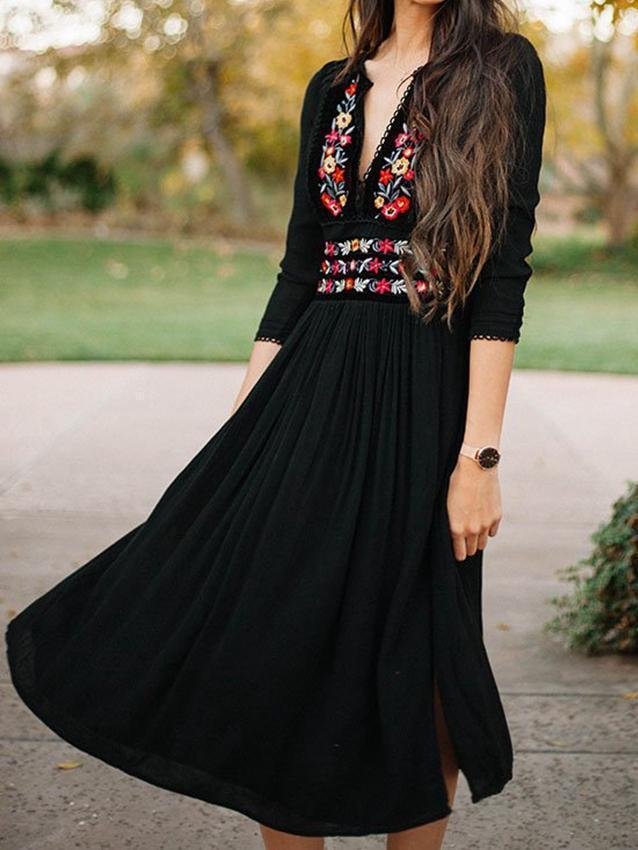 Boho Women Floral Embroidery V-Neck Vintage Long Sleeve Gypsy Maxi Dress