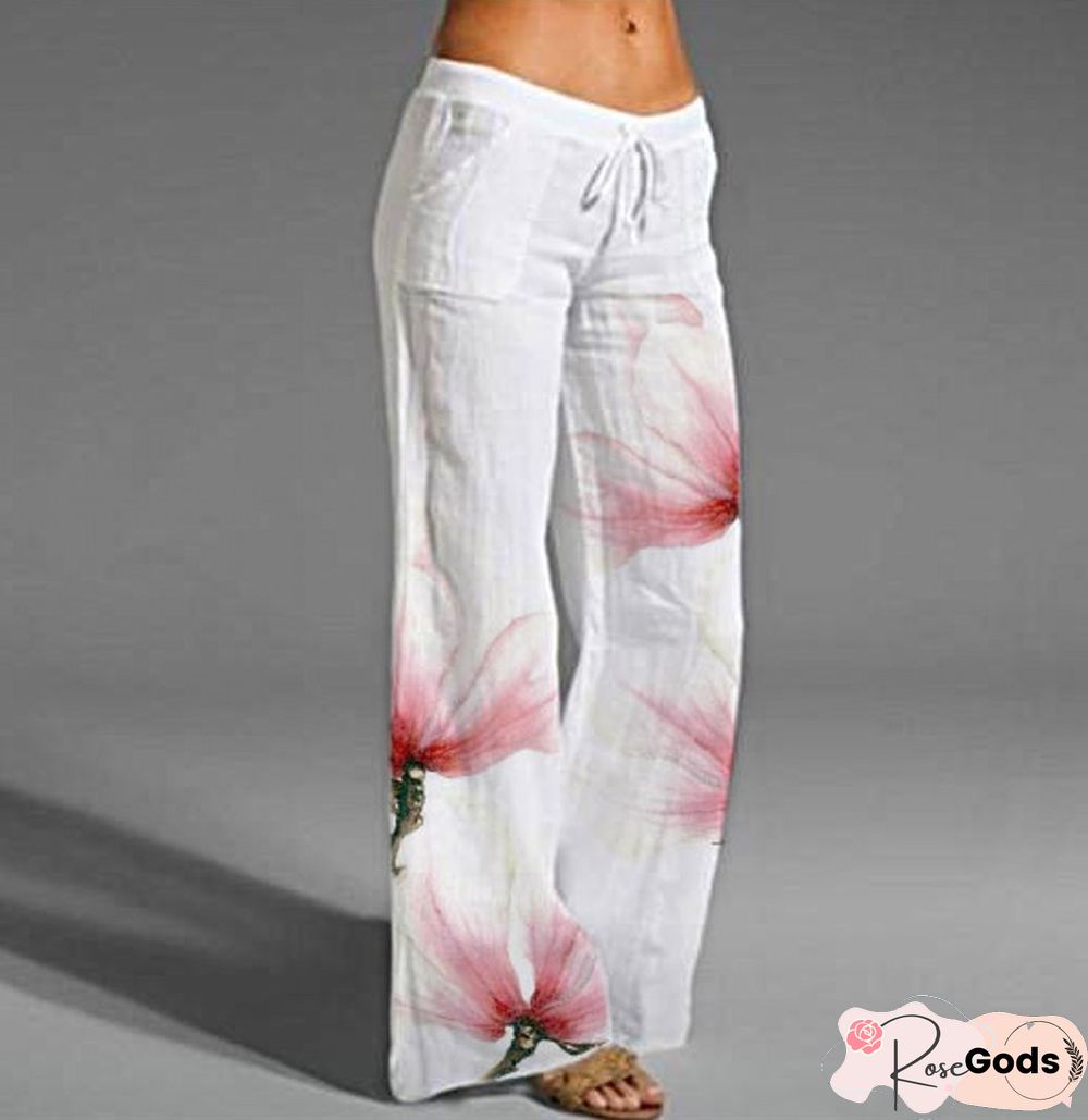 Loose Wide Leg Contrast Color Floral Printed Casual Pants Bottoms