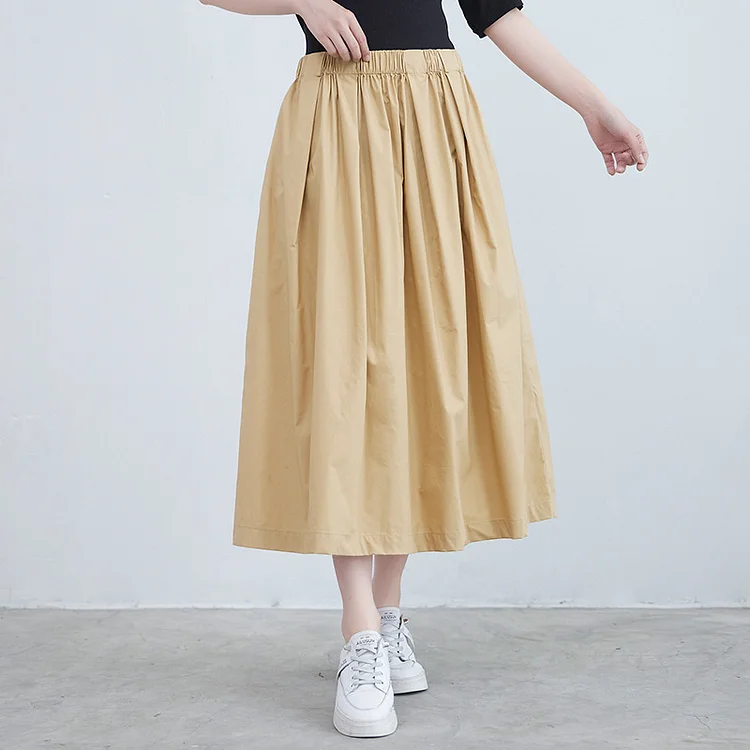 Literary Solid Color Pleated Skirt - yankia
