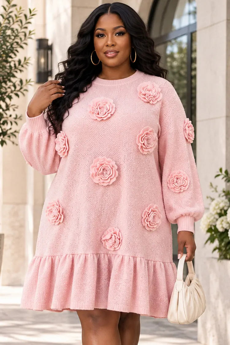 Xpluswear Design Plus Size Wedding Guest Pink Round Neck Lantern Sleeve Long Sleeve 3D Ruffle Crochet Midi Dresses [Pre-Order] 2024 - Xpluswear