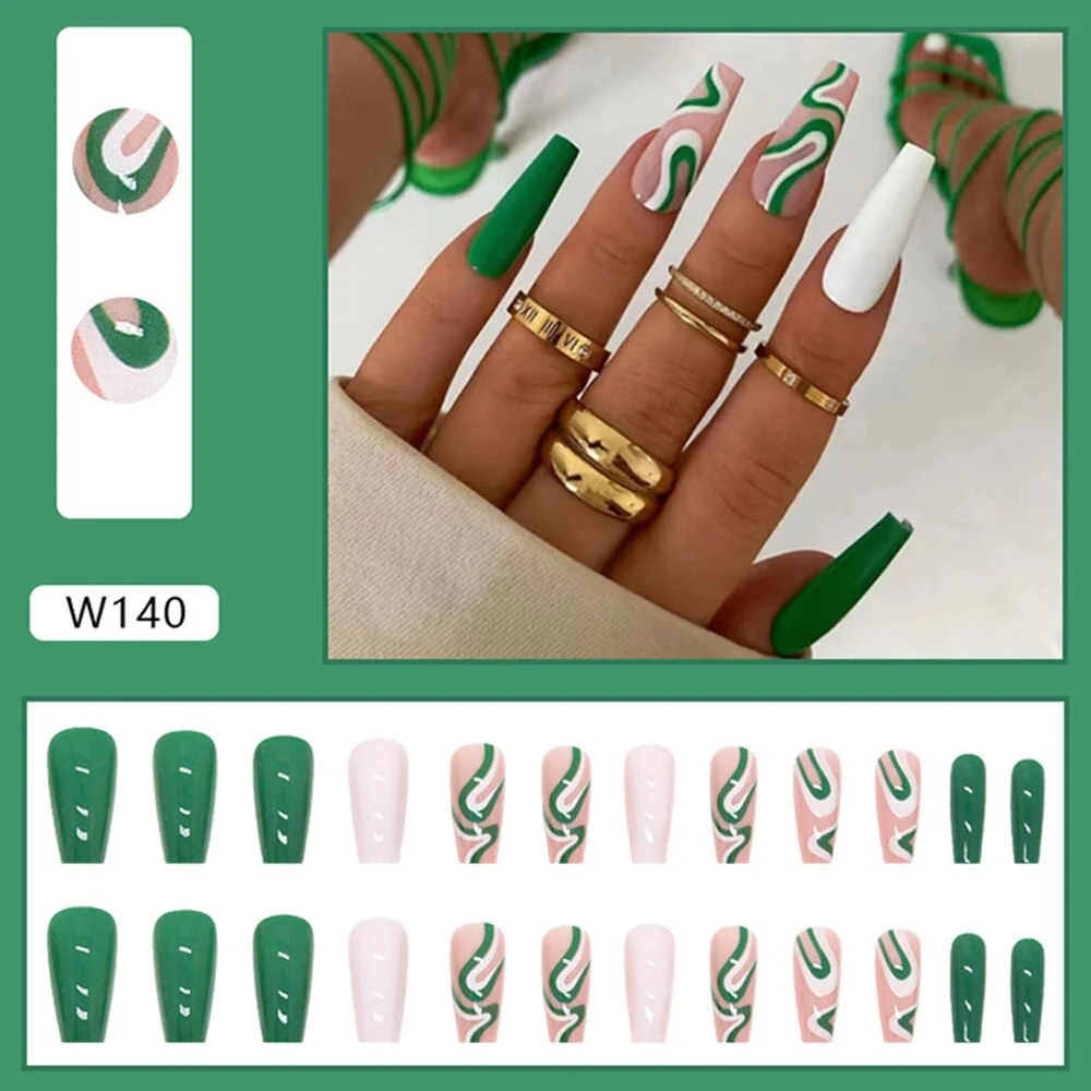 Churchf Mid-length False Nails Green White Lines Ballet Nails for Women and Girls French Style Full Cover Nail Sticker TN