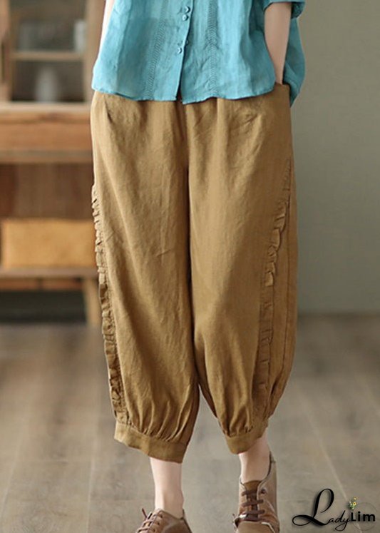 Brown Ruffled Elastic Waist Cozy Crop Pants