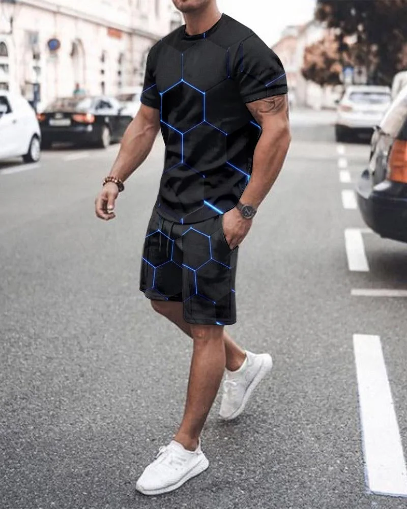Street Men's Suit Contrast Color Geometric Print Pattern