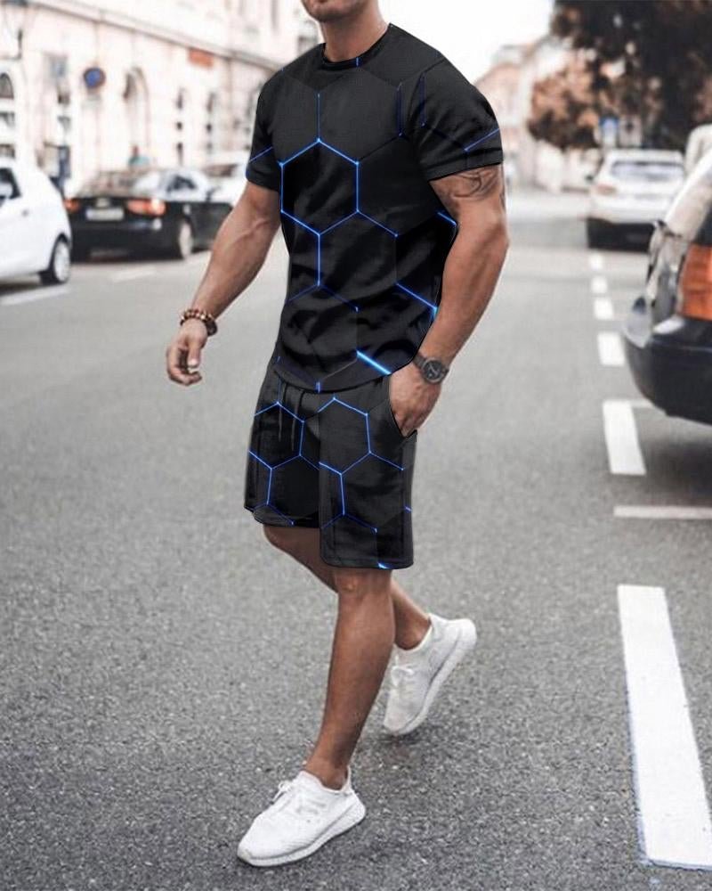 Street Men's Suit Contrast Color Geometric Print Pattern