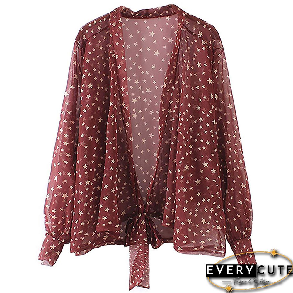 Wine Red Bowknot Cardigan Chiffon Cover Up