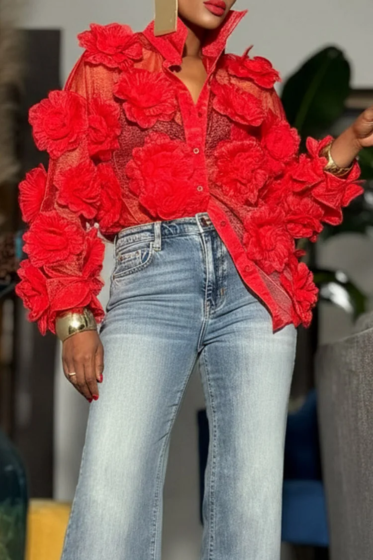 Plus Size Party Red Shirt Collar Lantern Sleeve Long Sleeve 3D See Through Organza Blouses [Pre-Order] 2024 - Xpluswear