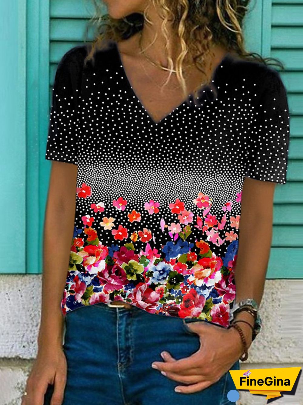 Short Sleeve V Neck Cotton-Blend T-shirt