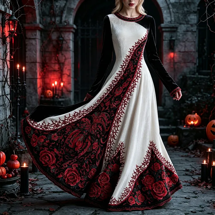Women's Retro Gothic Floral Print Velvet Long-sleeved Flowy Dress