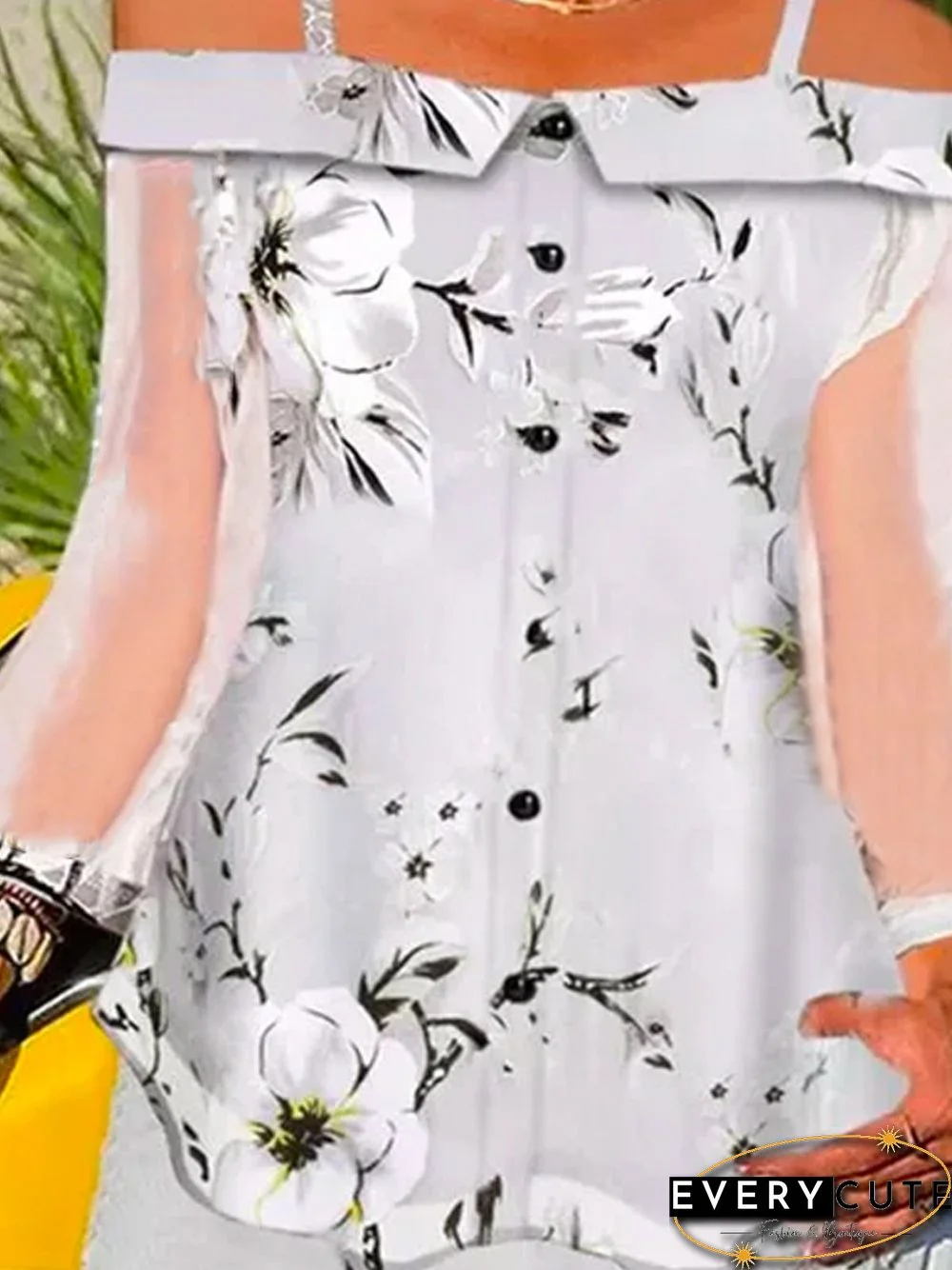 Long Sleeve Floral-Print Cotton-Blend Casual Tops