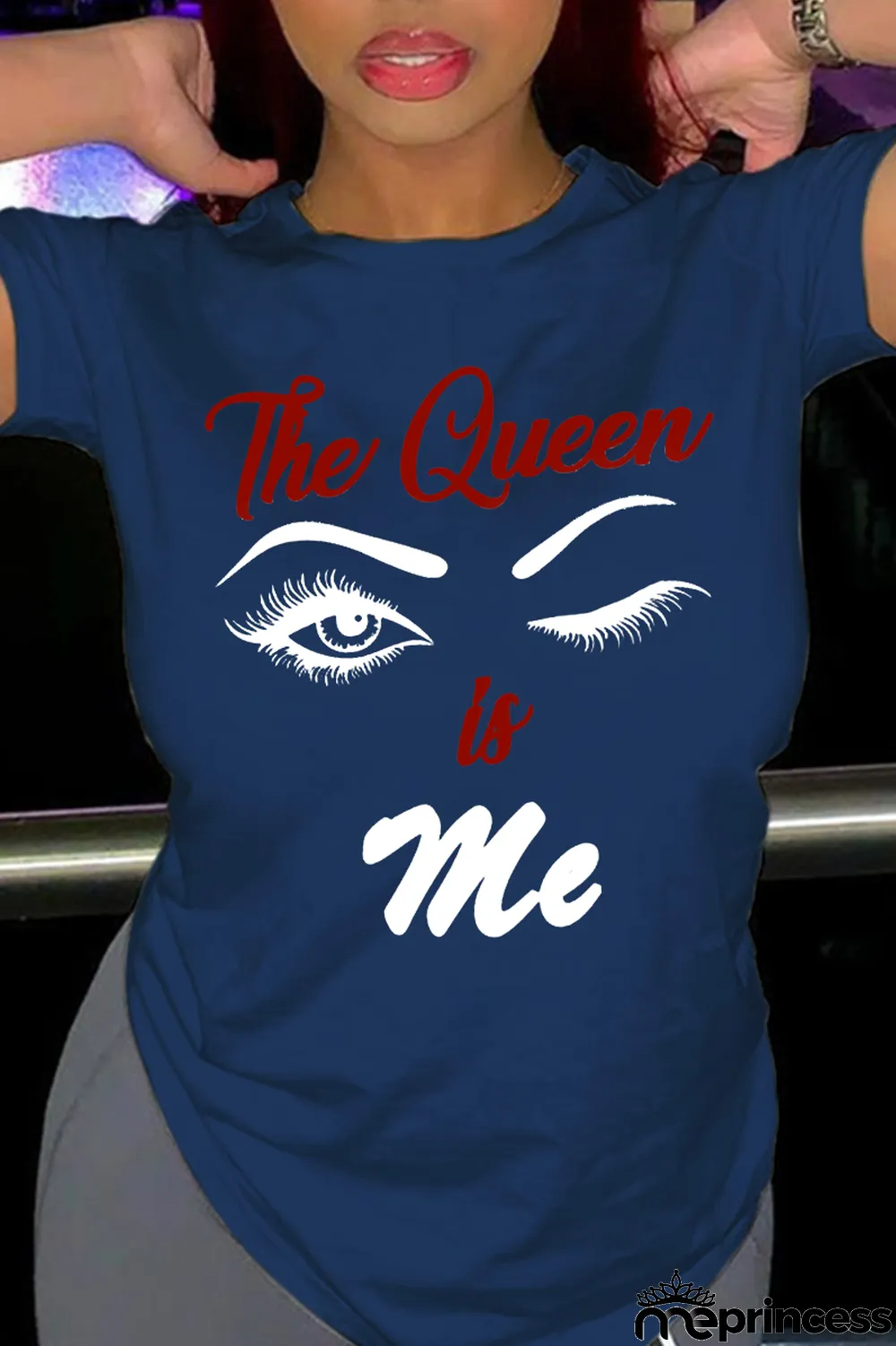 Navy Blue Casual Daily Print Patchwork Letter O Neck T-Shirts