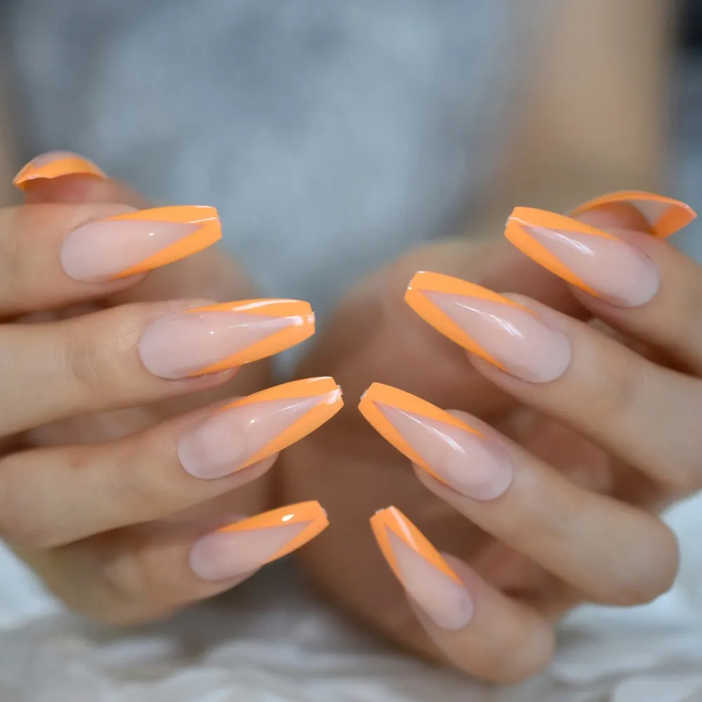 Ballerina False Nails Nude Large V Shape Extra Long Coffin French Nail Art Tips Predesigned Black Glossy Manicure Tips 24-Nail Inspo
