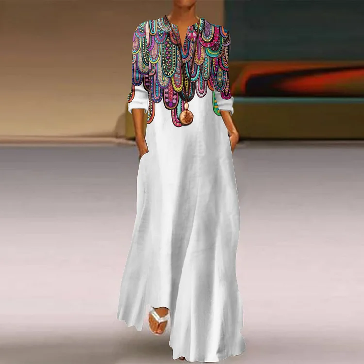 Vintage Ethnic Drippy Drips Geometric Pattern Printed Flowy Maxi Dress