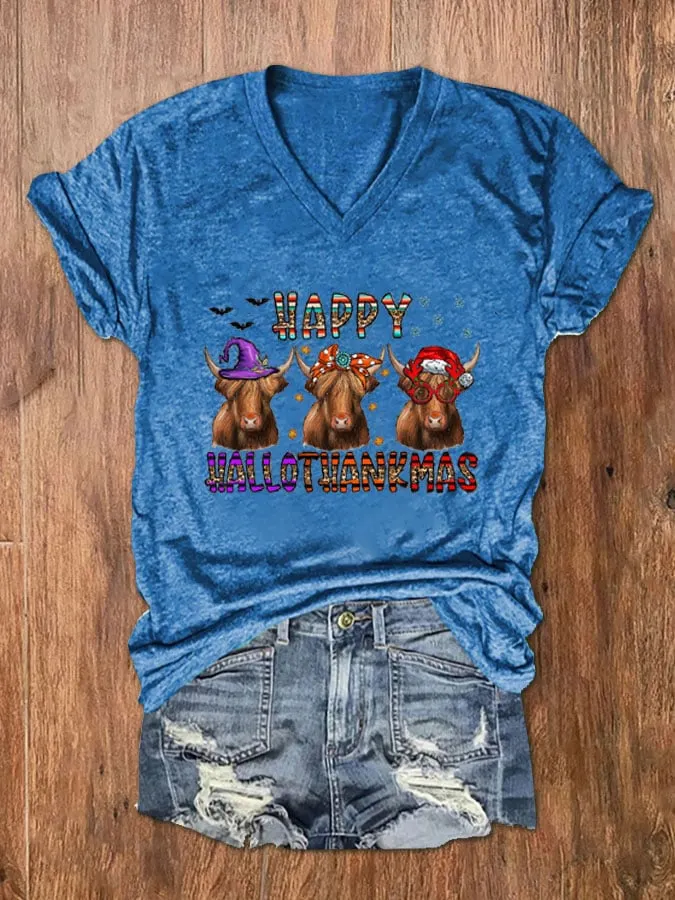 Women's Happy Hallothanksmas Funny Cows Print V-Neck T-Shirt