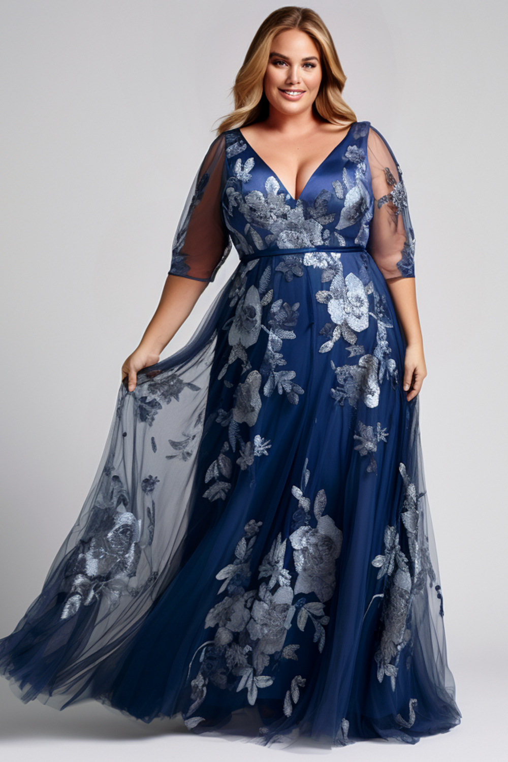 Flycurvy Plus Size Mother Of The Bride Navy Blue Mesh Lace Floral 3/4 Sleeves Maxi Dress