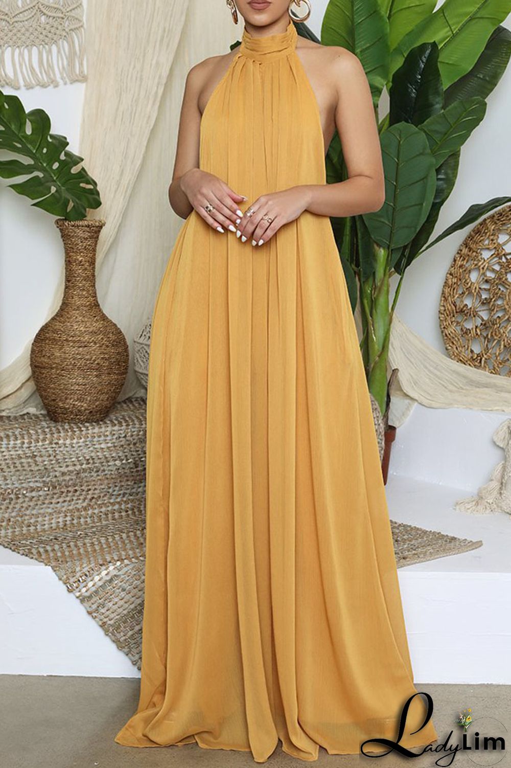 Yellow Elegant Solid Patchwork Backless Halter Straight Jumpsuits